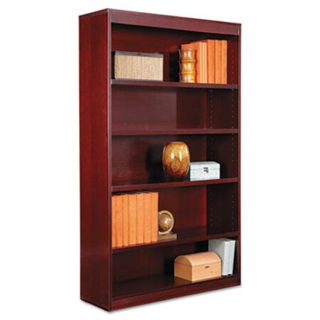 Alera® Square Corner Wood Veneer Bookcase, Five-Shelf, 35.63"w x 11.81"d x 60"h, Mahogany