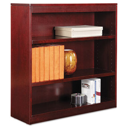 Alera® Square Corner Wood Veneer Bookcase, Three-Shelf, 35.63"w x 11.81"d x 35.91"h, Mahogany