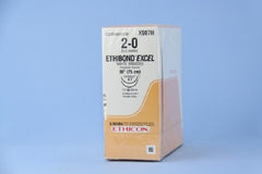 Suture with Needle Ethibond Nonabsorbable Coated White Suture Braided Polyester Size 2 - 0 30 Inch Suture Double-Armed 26 mm Length 1/2 Circle Taper Cut Needle