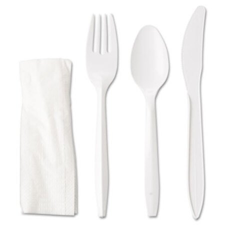 GEN Wrapped Cutlery Kit, Fork/Knife/Spoon/Napkin, Mediumweight, Polypropylene Plastic, White, 250/Carton