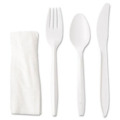 GEN Wrapped Cutlery Kit, Fork/Knife/Spoon/Napkin, Mediumweight, Polypropylene Plastic, White, 250/Carton
