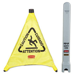 Rubbermaid® Commercial Multilingual "Caution" Pop-Up Safety Cone, 3-Sided, Fabric, 21 x 21 x 20, Yellow