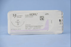 Suture with Needle Coated Vicryl Absorbable Coated Undyed Suture Braided Polyglactin 910 Size 2 - 0 27 Inch Suture 1-Needle 40 mm Length 1/2 Circle Taper Point Needle