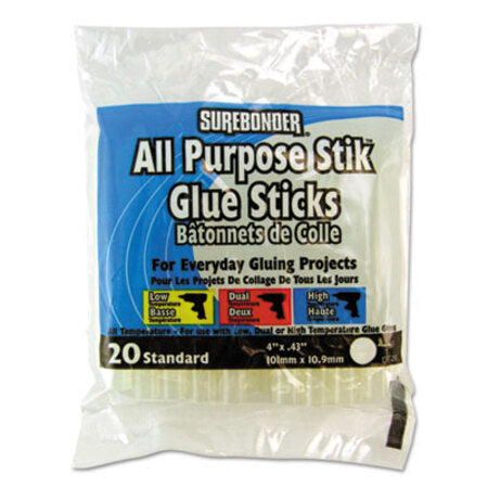 Surebonder® Hot Melt Glue Sticks, 0.43" x 4", Dries Clear, 20/Pack