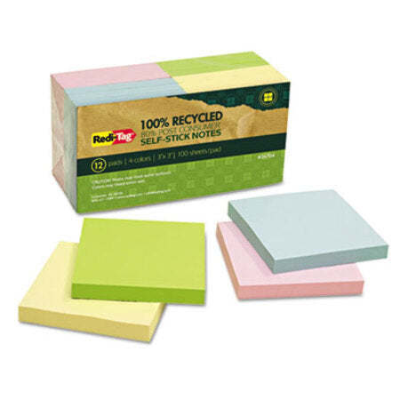 Redi-Tag® 100% Recycled Notes, 3 x 3, Four Colors, 12 100-Sheet Pads/Pack
