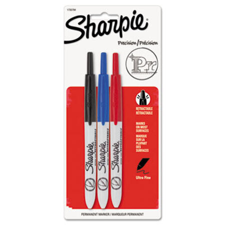 Sharpie® Retractable Permanent Marker, Extra-Fine Needle Tip, Assorted Colors, 3/Set