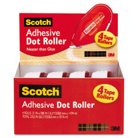 Scotch® Double-Sided Adhesive Roller, 0.3" x 49 ft, Dries Clear, 4/Pack