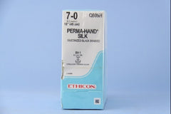 Suture with Needle Perma-Hand Nonabsorbable Coated Black Suture Braided Silk Size 7 - 0 18 Inch Suture Double-Armed 9.3 mm Length 3/8 Circle Taper Point Needle