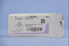 Suture with Needle Coated Vicryl Absorbable Coated Undyed Suture Braided Polyglactin 910 Size 1 27 Inch Suture 1-Needle 26 mm Length 1/2 Circle Reverse Cutting Needle