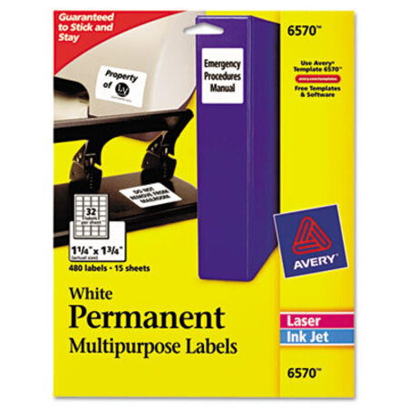 Avery® Permanent ID Labels w/ Sure Feed Technology, Inkjet/Laser Printers, 1.25 x 1.75, White, 32/Sheet, 15 Sheets/Pack