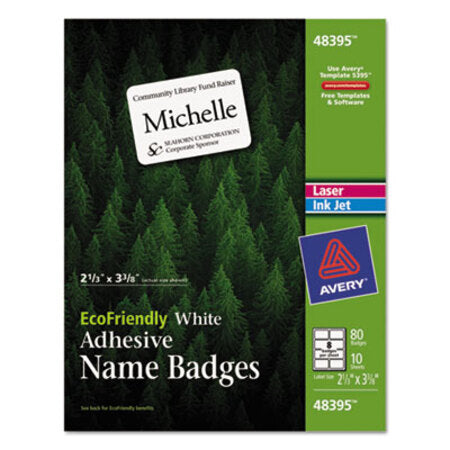 Avery® EcoFriendly Adhesive Name Badge Labels, 3.38 x 2.33, White, 80/Pack