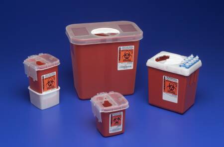 Cardinal Sharps Container AutoDrop™ 10 H X 7-1/4 W X 10-1/2 D Inch 2 Gallon Red Base / Translucent Lid Vertical Entry Rotating Lid