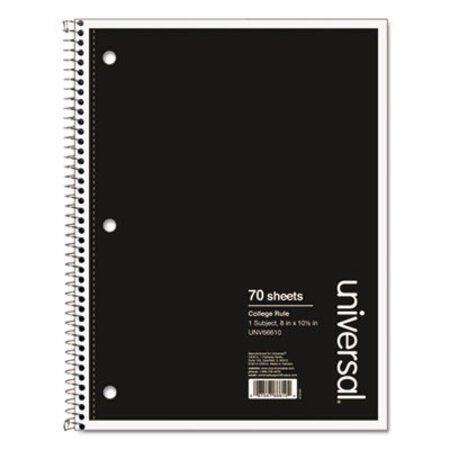 Universal® Wirebound Notebook, 1 Subject, Medium/College Rule, Black Cover, 10.5 x 8, 70 Sheets
