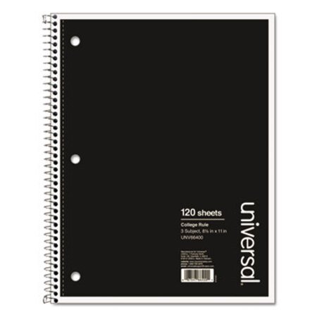 Universal® Wirebound Notebook, 3 Subjects, Medium/College Rule, Black Cover, 11 x 8.5, 120 Sheets