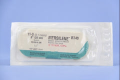Suture with Needle Mersilene Nonabsorbable Uncoated Green Suture Braided Polyester Size 11 - 0 8 Inch Suture Double-Armed 4.2 mm Length 1/2 Circle Spatula Needle