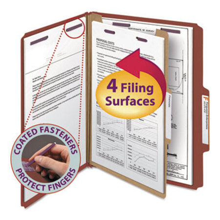 Smead® Pressboard Classification Folders with SafeSHIELD Coated Fasteners, 2/5 Cut, 1 Divider, Letter Size, Red, 10/Box