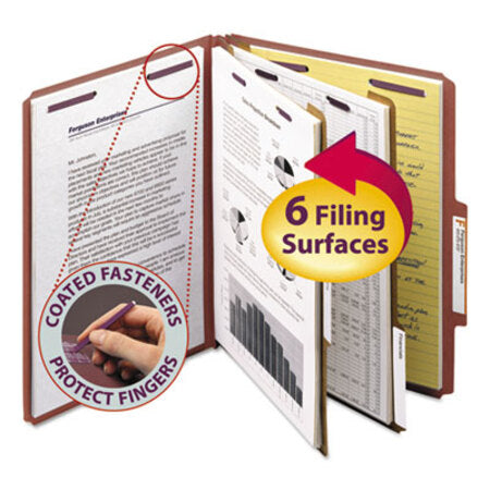 Smead® Pressboard Classification Folders with SafeSHIELD Coated Fasteners, 2/5 Cut, 2 Dividers, Letter Size, Red, 10/Box