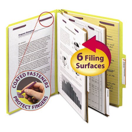 Smead® Six-Section Pressboard Top Tab Classification Folders with SafeSHIELD Fasteners, 2 Dividers, Letter Size, Yellow, 10/Box