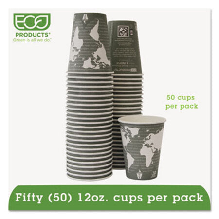 Eco-Products® World Art Renewable/Compostable Hot Cups, 12 oz, Gray, 50/Pack