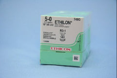 J & J Healthcare Systems Suture with Needle Ethilon™ Nonabsorbable Uncoated Black Suture Monofilament Nylon Size 5 - 0 18 Inch Suture Double-Armed 8 mm Length 1/4 Circle Center Point Spatula Needle