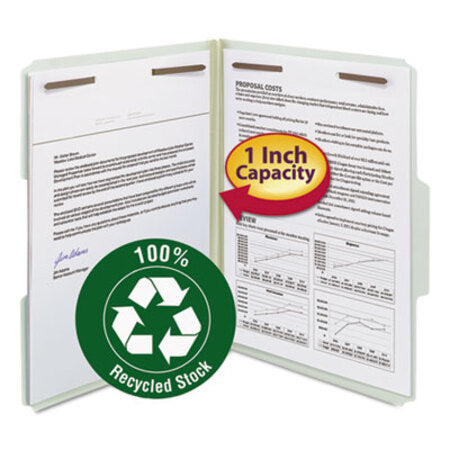 Smead® 100% Recycled Pressboard Fastener Folders, Letter Size, Gray-Green, 25/Box