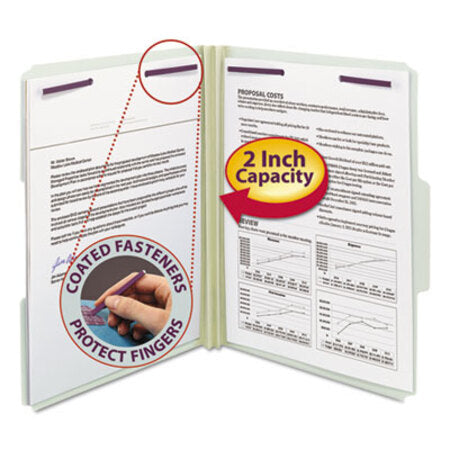 Smead® Recycled Pressboard Folders with Two SafeSHIELD Coated Fasteners, 1/3-Cut Tabs, 2" Expansion, Letter Size, Gray-Green, 25/Box