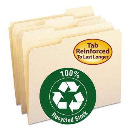 Smead® 100% Recycled Reinforced Top Tab File Folders, 1/3-Cut Tabs, Letter Size, Manila, 100/Box