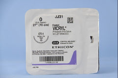 Suture with Needle Coated Vicryl Absorbable Coated Violet Suture Braided Polyglactin 910 Size 0 27 Inch Suture 1-Needle 36 mm Length 1/2 Circle Taper Point Needle