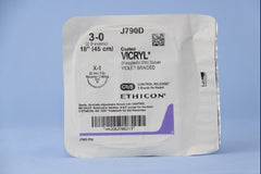 J & J Healthcare Systems Suture with Needle Coated Vicryl™ Absorbable Coated Violet Suture Braided Polyglactin 910 Size 3 - 0 18 Inch Suture 1-Needle 22 mm Length 1/2 Circle Reverse Cutting Needle