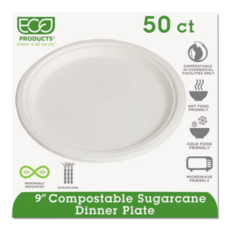 Eco-Products® Renewable and Compostable Sugarcane Plates, 9", 50/Packs