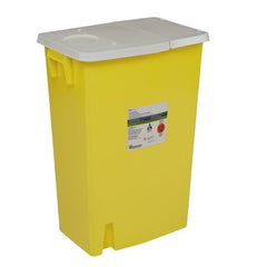 Cardinal Chemotherapy Waste Container SharpSafety™ 26 H X 18-1/4 W X 12-3/4 D Inch 18 Gallon Yellow Base / White Lid Horizontal Entry Gasketed Hinged Lid - M-199289-2525 - Each