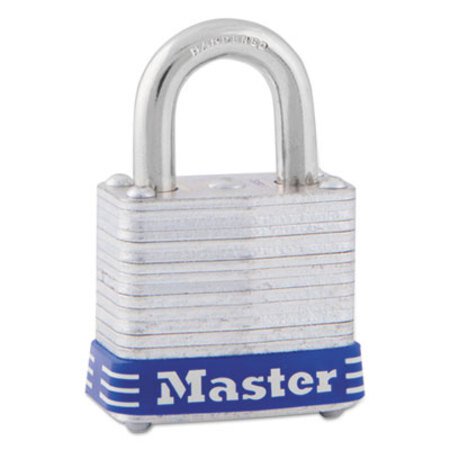 Master Lock® Four-Pin Tumbler Lock, Laminated Steel Body, 1 1/8" Wide, Silver/Blue, Two Keys