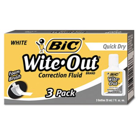 Bic® Wite-Out Quick Dry Correction Fluid, 20 mL Bottle, White, 3/Pack