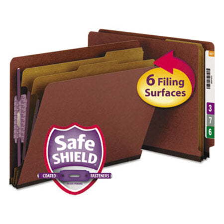 Smead® End Tab Pressboard Classification Folders with SafeSHIELD Coated Fasteners, 2 Dividers, Letter Size, Red, 10/Box