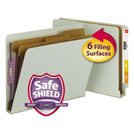 Smead® End Tab Pressboard Classification Folders with SafeSHIELD Coated Fasteners, 2 Dividers, Letter Size, Gray-Green, 10/Box