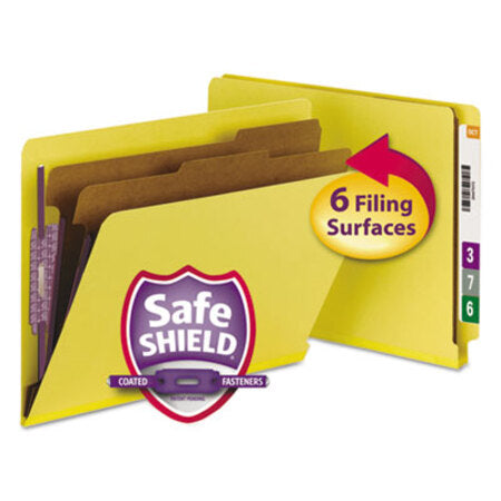 Smead® End Tab Colored Pressboard Classification Folders with SafeSHIELD Coated Fasteners, 2 Dividers, Letter Size, Yellow, 10/Box