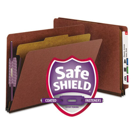 Smead® End Tab Pressboard Classification Folders with SafeSHIELD Coated Fasteners, 1 Divider, Letter Size, Red, 10/Box