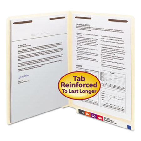 Smead® Manila End Tab 2-Fastener Folders with Reinforced Tabs, 0.75" Expansion, Straight Tab, Letter Size, 11 pt. Manila, 50/Box