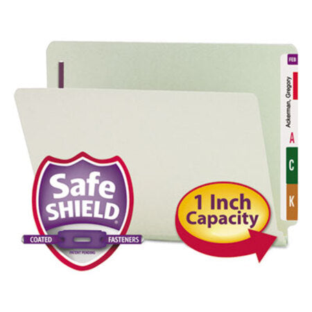 Smead® End Tab 1" Expansion Pressboard File Folders w/Two SafeSHIELD Coated Fasteners, Straight Tab, Letter Size, Gray-Green, 25/Box