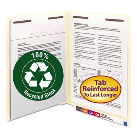 Smead® 100% Recycled Manila End Tab Folders with Two Fasteners, Straight Tab, Letter Size, 50/Box