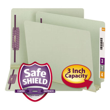 Smead® End Tab 3" Expansion Pressboard File Folders w/Two SafeSHIELD Coated Fasteners, Straight Tab, Letter Size, Gray-Green, 25/Box