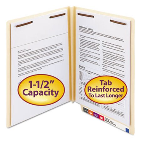 Smead® Manila End Tab 2-Fastener Folders with Reinforced Tabs, 1.5" Expansion, Straight Tab, Letter Size, 14 pt. Manila, 50/Box