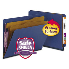 Smead® End Tab Pressboard Classification Folders with SafeSHIELD Fasteners, 2 Dividers, Letter Size, Dark Blue, 10/Box