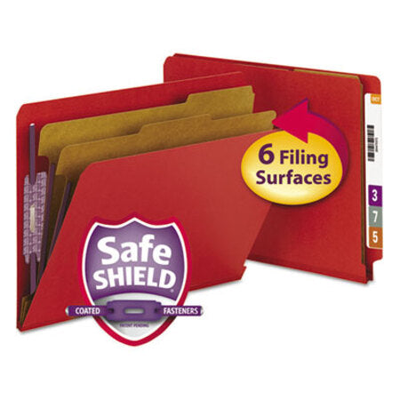 Smead® End Tab Pressboard Classification Folders with SafeSHIELD Fasteners, 2 Dividers, Letter Size, Bright Red, 10/Box