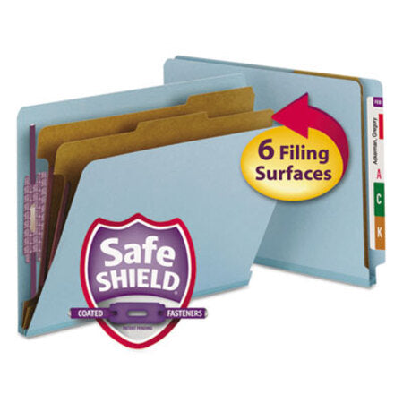 Smead® End Tab Colored Pressboard Classification Folders with SafeSHIELD Coated Fasteners, 2 Dividers, Letter Size, Blue, 10/Box