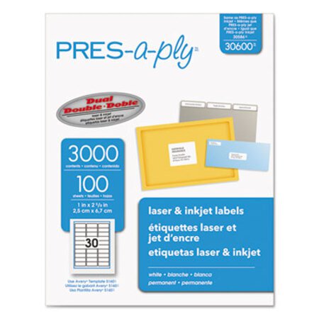 Labels, Laser Printers, 1 x 2.63, White, 30/Sheet, 100 Sheets/Box