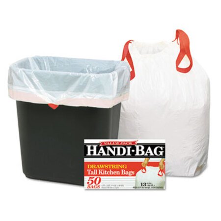 Handi-Bag® Drawstring Kitchen Bags, 13 gal, 0.6 mil, 24" x 27.38", White, 50/Box