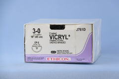 Suture with Needle Coated Vicryl Absorbable Coated Undyed Suture Braided Polyglactin 910 Size 3 - 0 18 Inch Suture 1-Needle 26 mm Length 1/2 Circle Reverse Cutting Needle