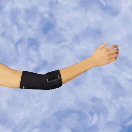 DeRoyal Elbow Sleeve With Support Strap DeRoyal® Medium Pull-On / Hook and Loop Strap Closure Left or Right Elbow 10 to 11 Inch Forearm Circumference Black