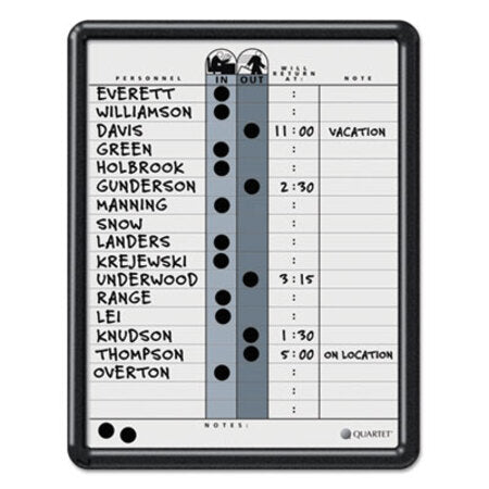 Quartet® Employee In/Out Board, Porcelain, 11 x 14, Gray, Black Plastic Frame